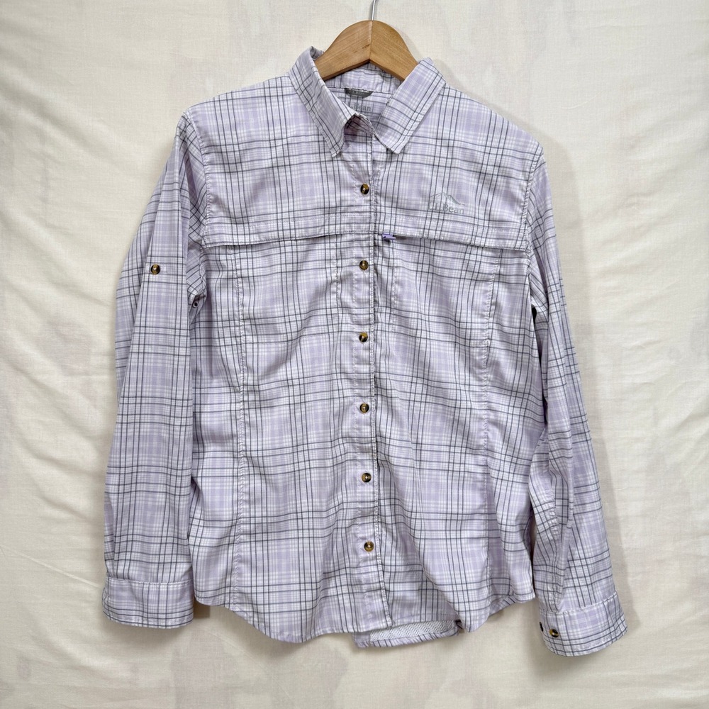 LL Bean Mens Tropicwear Fishing Shirt Medium Purple Plaid Roll Tab Sleeve